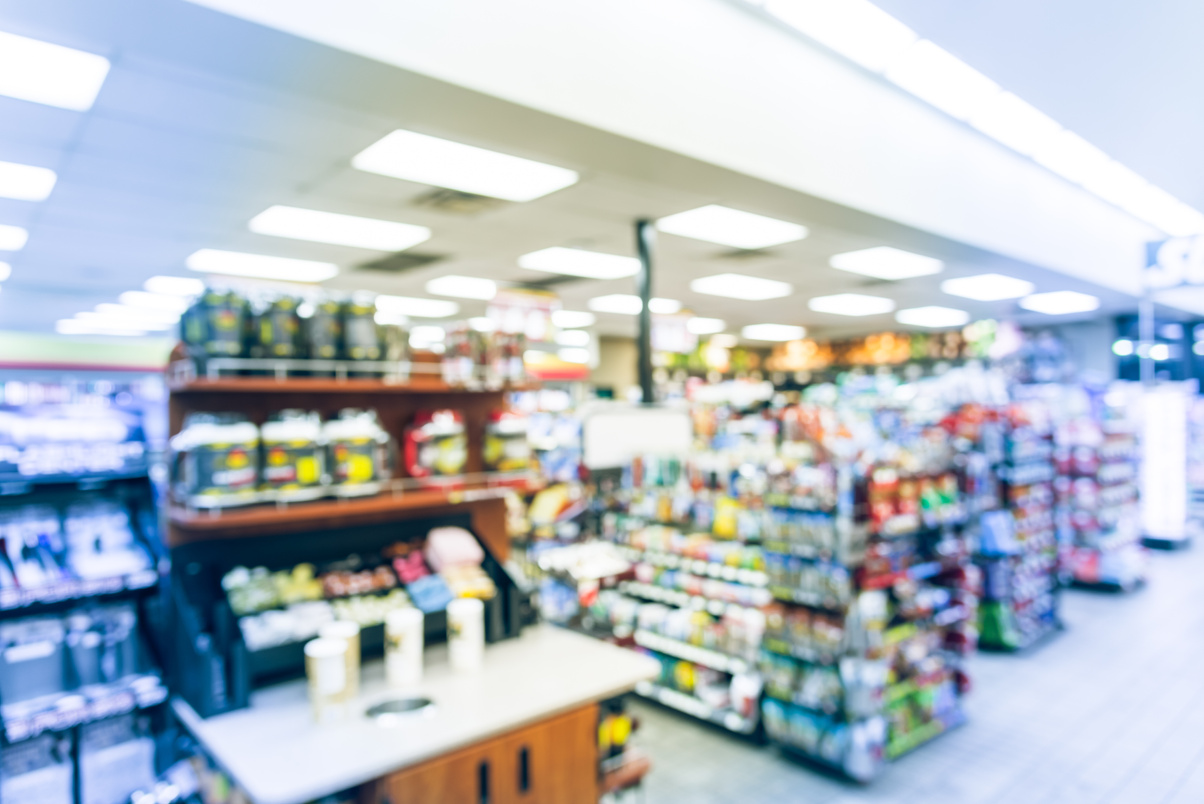 Filtered tone blurry background convenience store at gas station in Arkansas